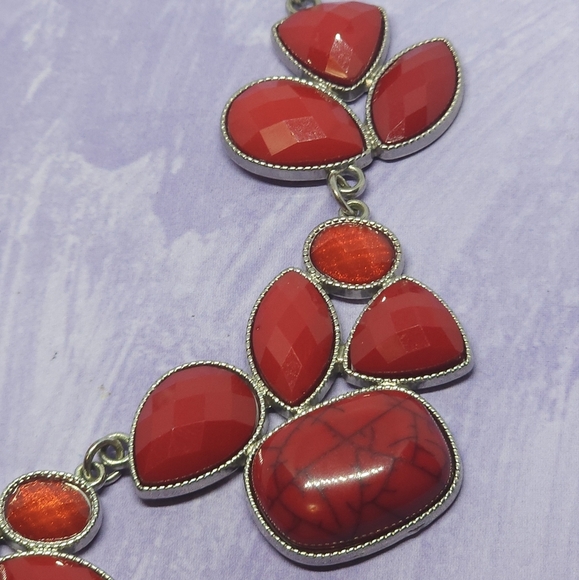 Bold Red & Silver Tone Statement Necklace - Picture 3 of 7